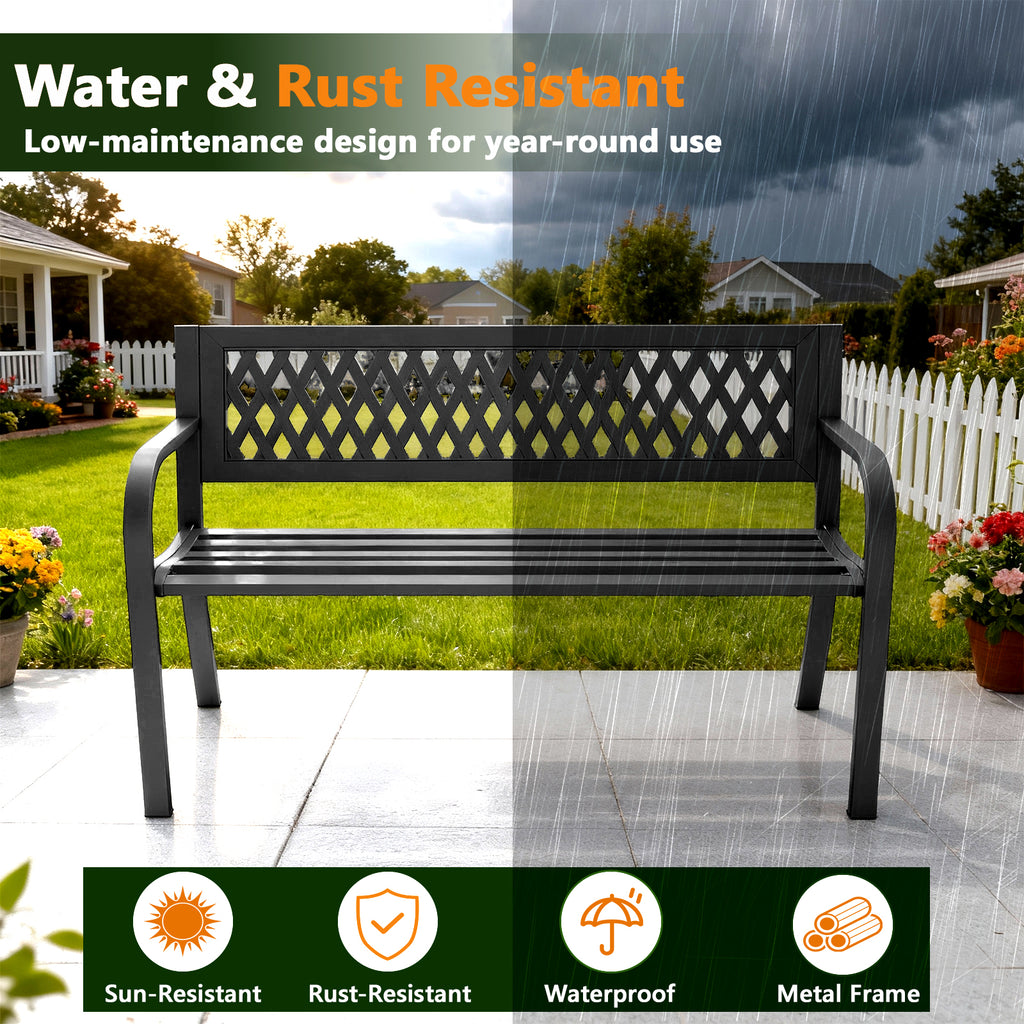 WASUHE 50" Outdoor Patio Bench for 2 Person - Heavy Duty Metal Frame, Weatherproof Garden Park Bench with Armrests, Easy 10-Min Assembly, Perfect for Front Porch Yard Deck