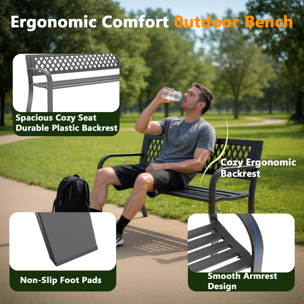 WASUHE 50" Outdoor Patio Bench for 2 Person - Heavy Duty Metal Frame, Weatherproof Garden Park Bench with Armrests, Easy 10-Min Assembly, Perfect for Front Porch Yard Deck