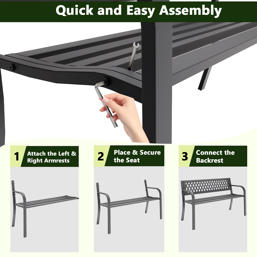 WASUHE 50" Outdoor Patio Bench for 2 Person - Heavy Duty Metal Frame, Weatherproof Garden Park Bench with Armrests, Easy 10-Min Assembly, Perfect for Front Porch Yard Deck