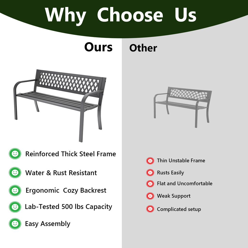 WASUHE 50" Outdoor Patio Bench for 2 Person - Heavy Duty Metal Frame, Weatherproof Garden Park Bench with Armrests, Easy 10-Min Assembly, Perfect for Front Porch Yard Deck