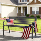 HaiNova Metal Outdoor Bench, 47in Patio Garden Benches with National Flag Pattern Backrest for Backyard, Lawn, Deck, Porch, Park, Red