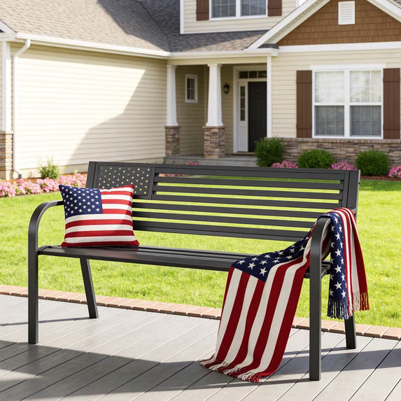 HaiNova Metal Outdoor Bench, 47in Patio Garden Benches with National Flag Pattern Backrest for Backyard, Lawn, Deck, Porch, Park, Red