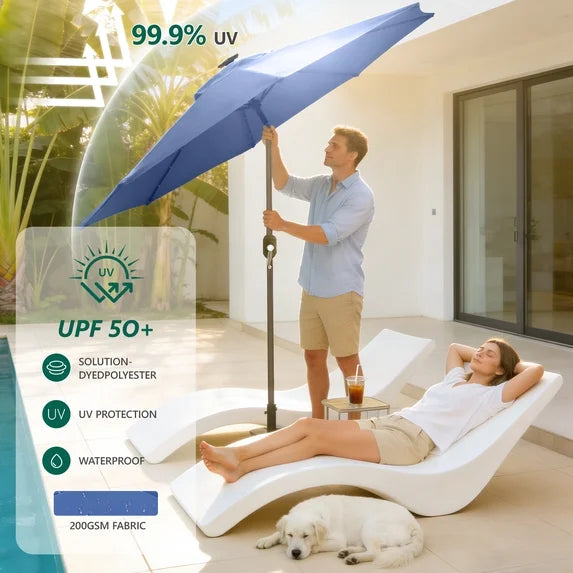 HaiNova 9ft Solar Patio Umbrella, Tilt Adjustment LED Outdoor Umbrella with 8 Reinforced Ribs for Garden, Backyard, Pool, Deep Blue