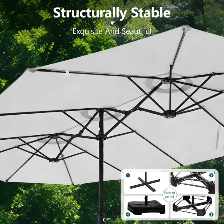 HaiNova 15Ft Large Outdoor Double-Sided Rectangle Umbrella with Base-Mounted, Foldable And Portable Sunshade For Pool, Beaches And Patio, Khaki