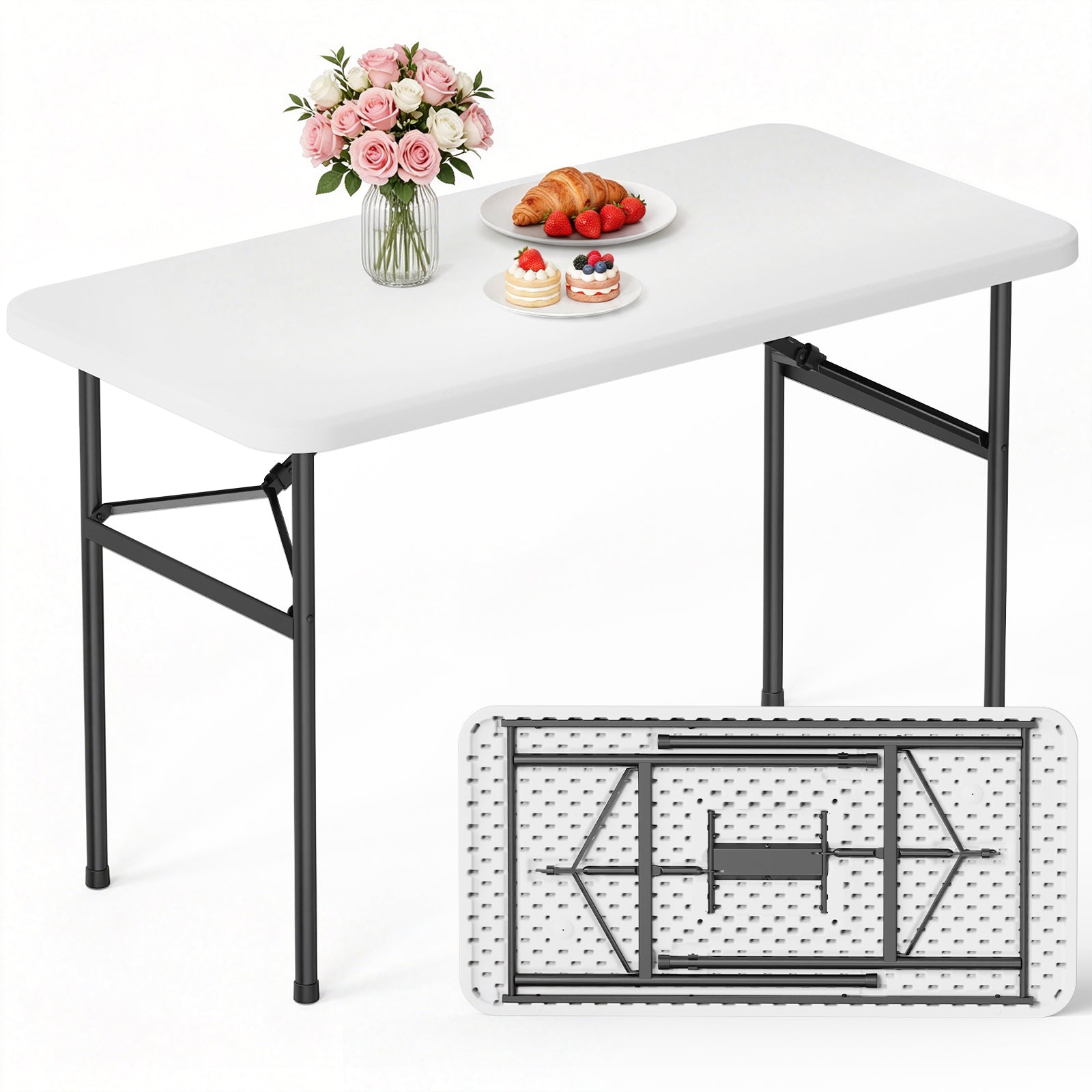 WASUHE 4 FT White Plastic Folding Table, Portable Long Foldable Table for Indoor/Outdoor Events, Picnics, Camping, Parties & Trade Shows