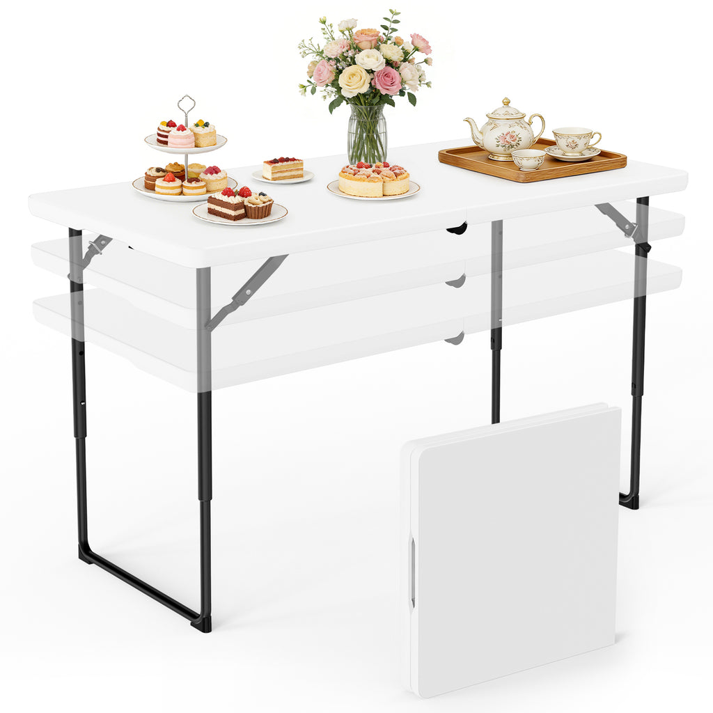 WASUHE Folding Table 4 FT Lightweight Table, Plastic Rectangular Indoor Outdoor Table Iron Legs Fold-in-Half, Easy to Store, Perfect for Party, Camping, Dining, Wedding, Events
