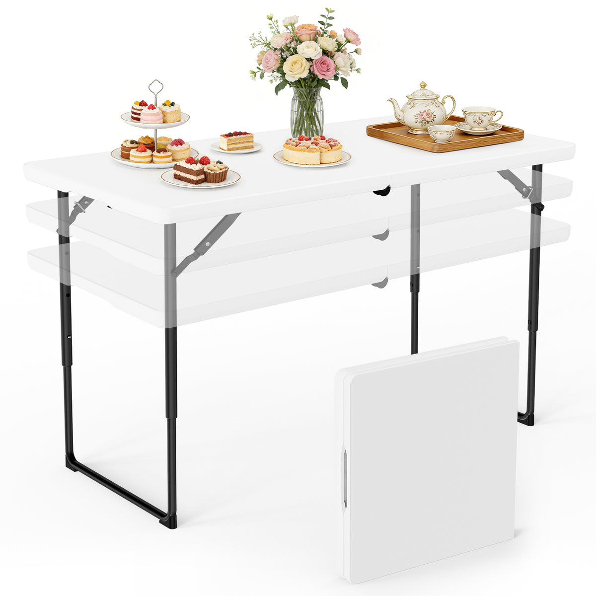 WASUHE Folding Table 4 FT Lightweight Table, Plastic Rectangular Indoor Outdoor Table Iron Legs Fold-in-Half, Easy to Store, Perfect for Party, Camping, Dining, Wedding, Events