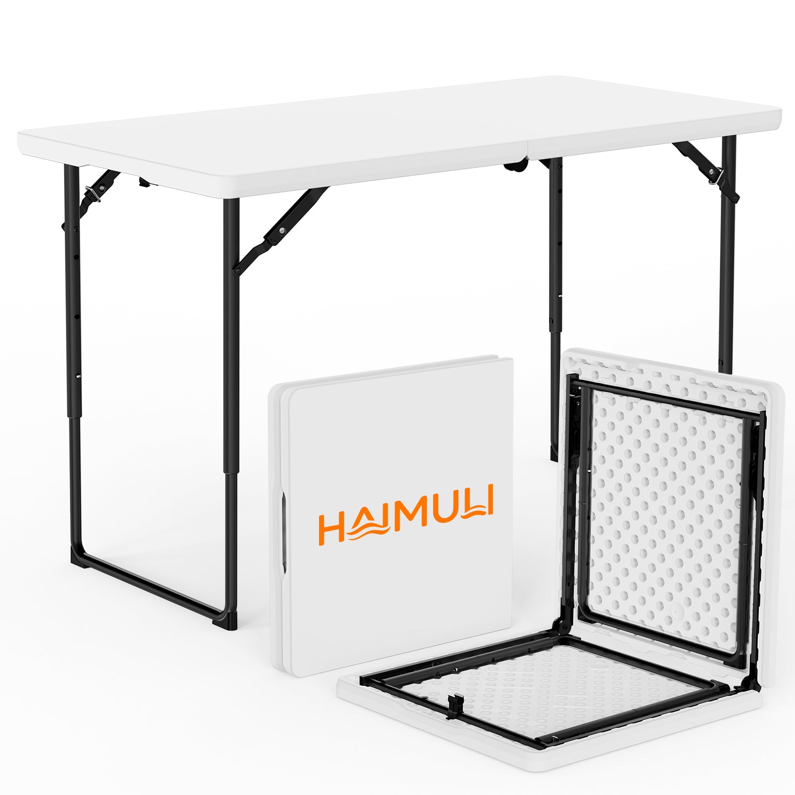 4ft Folding Table - Heavy Duty Fold-in-Half Plastic Table, Portable Utility Tables with Adjustable Height Steel Legs for Events, Camping, Indoor & Outdoor Use (White)