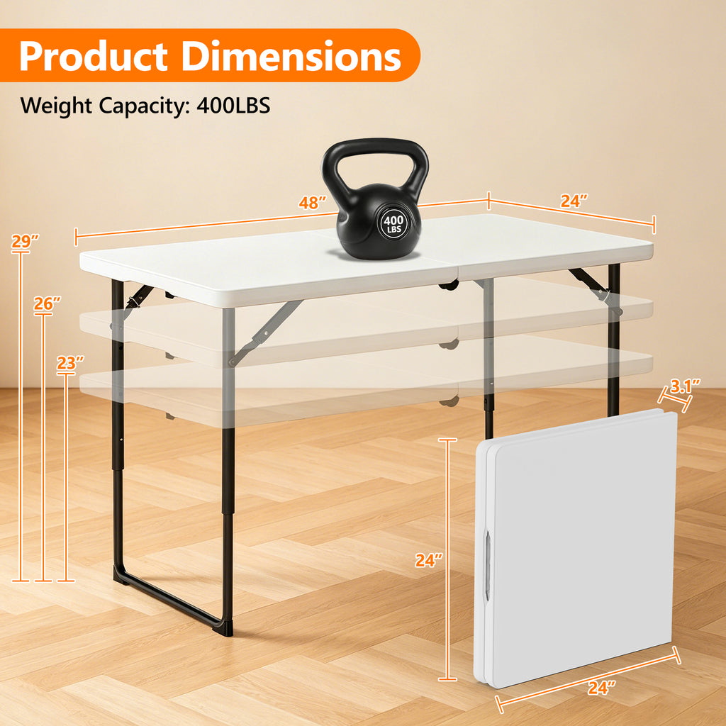4ft Folding Table - Heavy Duty Fold-in-Half Plastic Table, Portable Utility Tables with Adjustable Height Steel Legs for Events, Camping, Indoor & Outdoor Use (White)