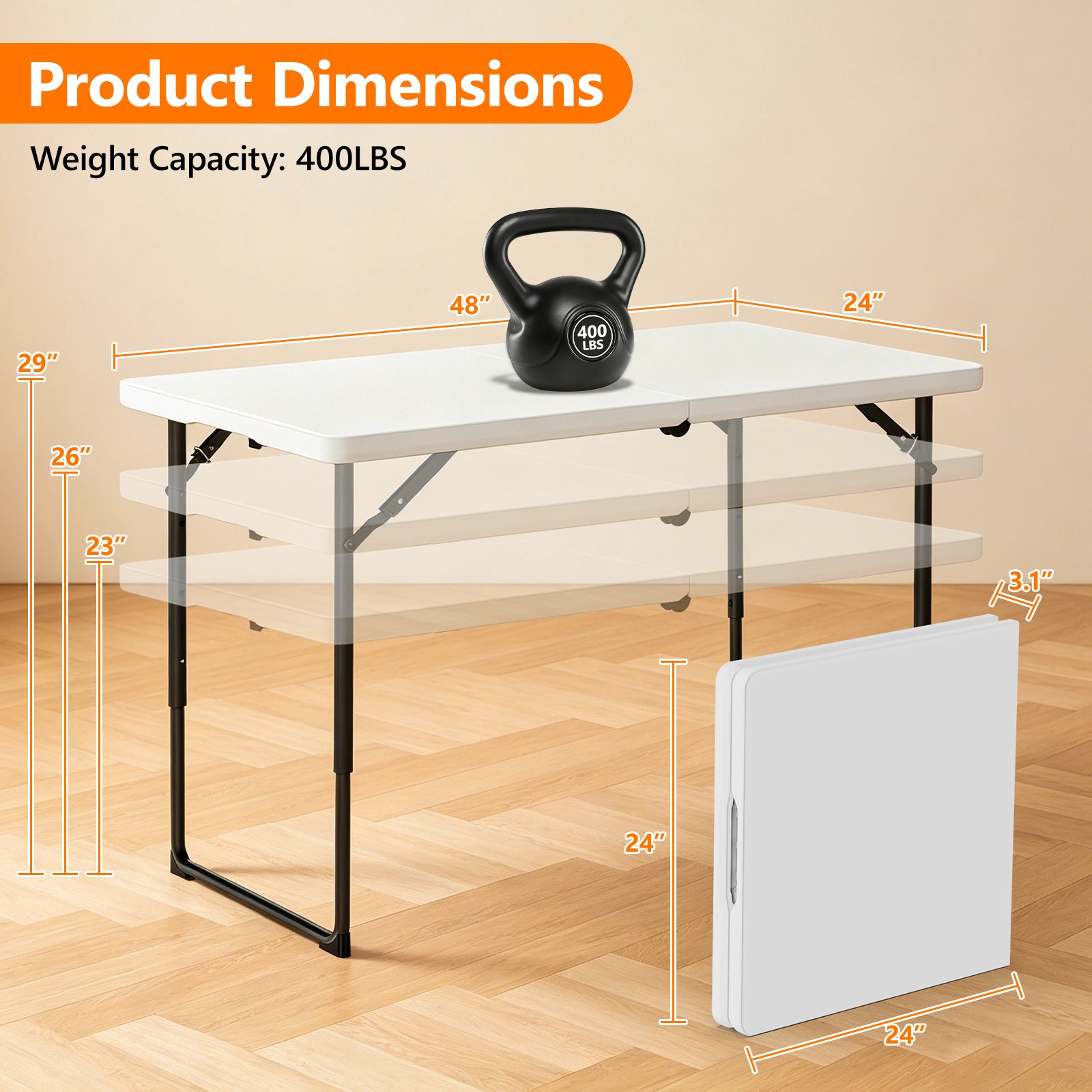 4ft Folding Table - Heavy Duty Fold-in-Half Plastic Table, Portable Utility Tables with Adjustable Height Steel Legs for Events, Camping, Indoor & Outdoor Use (White)