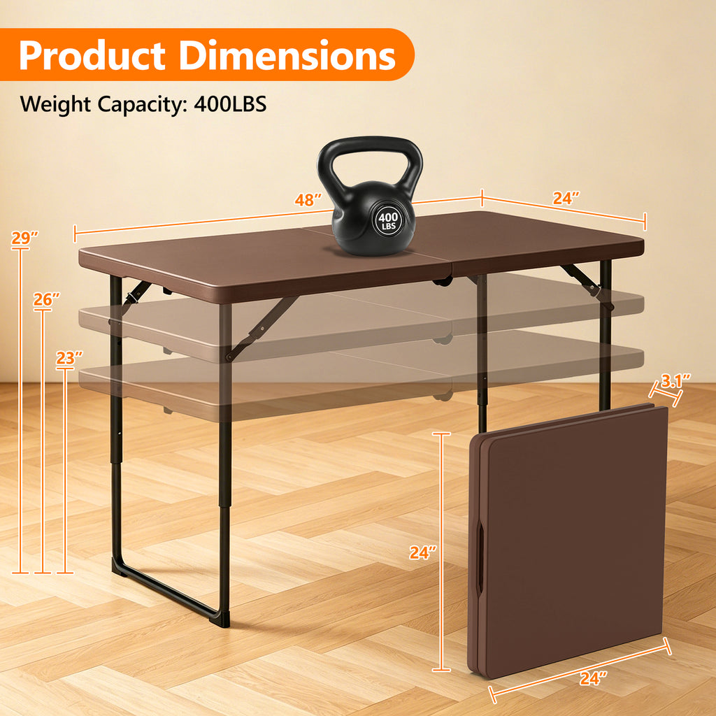 4ft Folding Table - Heavy Duty Fold-in-Half Plastic Table, Portable Utility Tables with Adjustable Height Steel Legs for Events, Camping, Indoor & Outdoor Use (White)