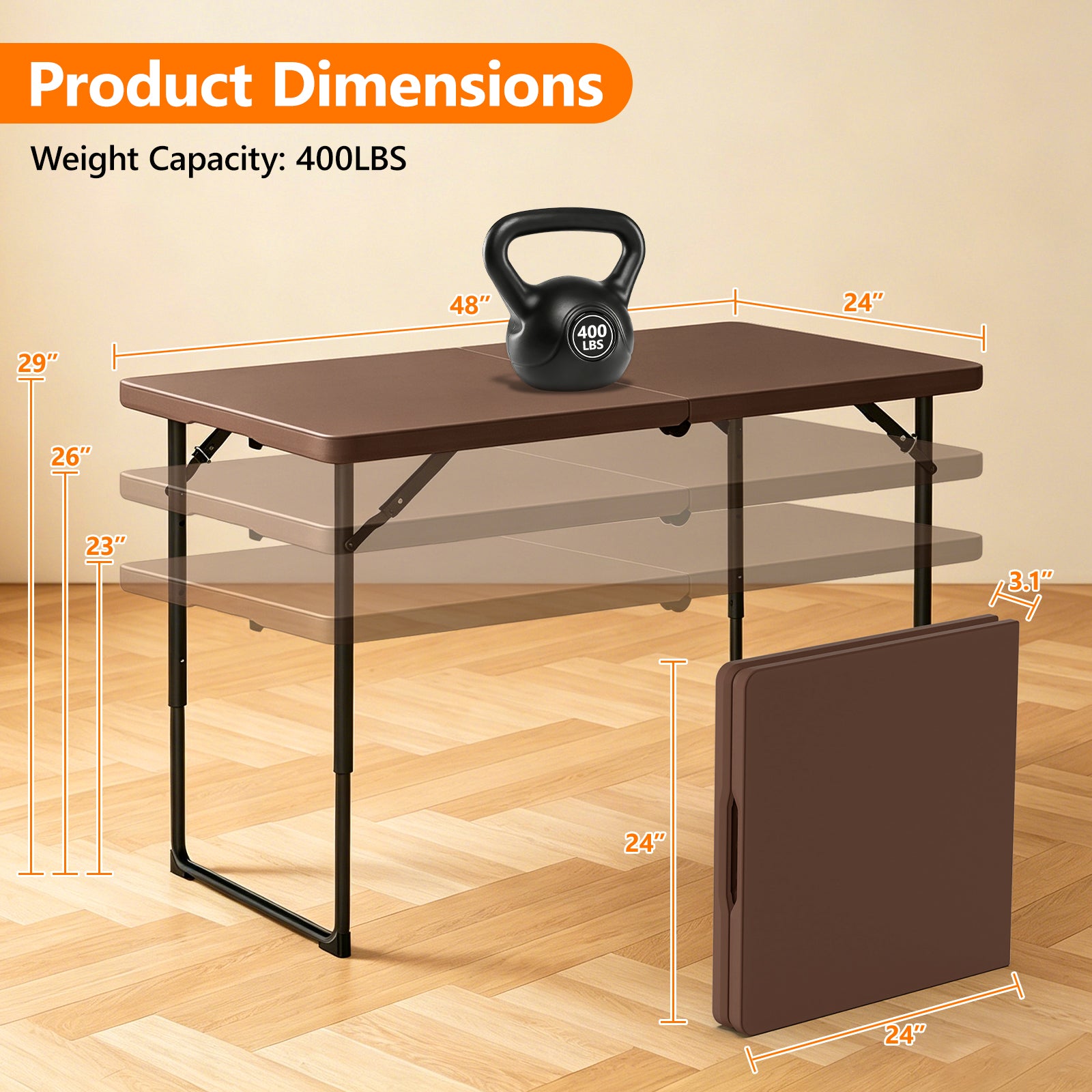 4ft Folding Table - Heavy Duty Fold-in-Half Plastic Table, Portable Utility Tables with Adjustable Height Steel Legs for Events, Camping, Indoor & Outdoor Use (White)