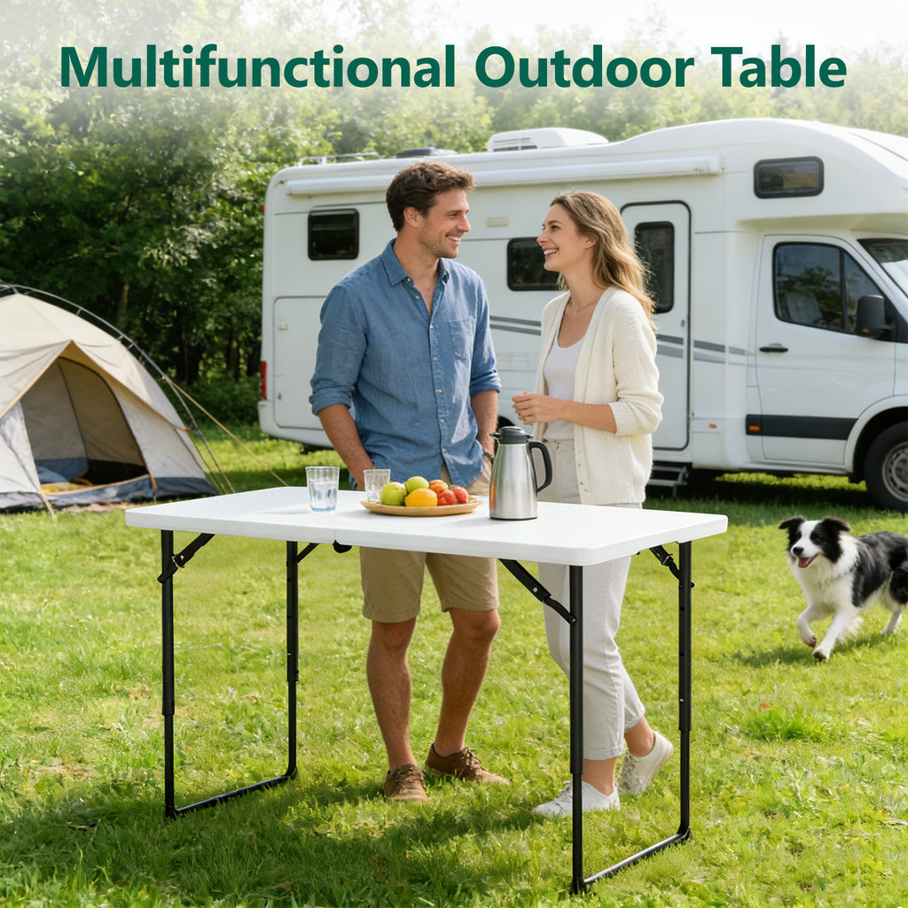 WASUHE Folding Table 4 FT Lightweight Table, Plastic Rectangular Indoor Outdoor Table Iron Legs Fold-in-Half, Easy to Store, Perfect for Party, Camping, Dining, Wedding, Events