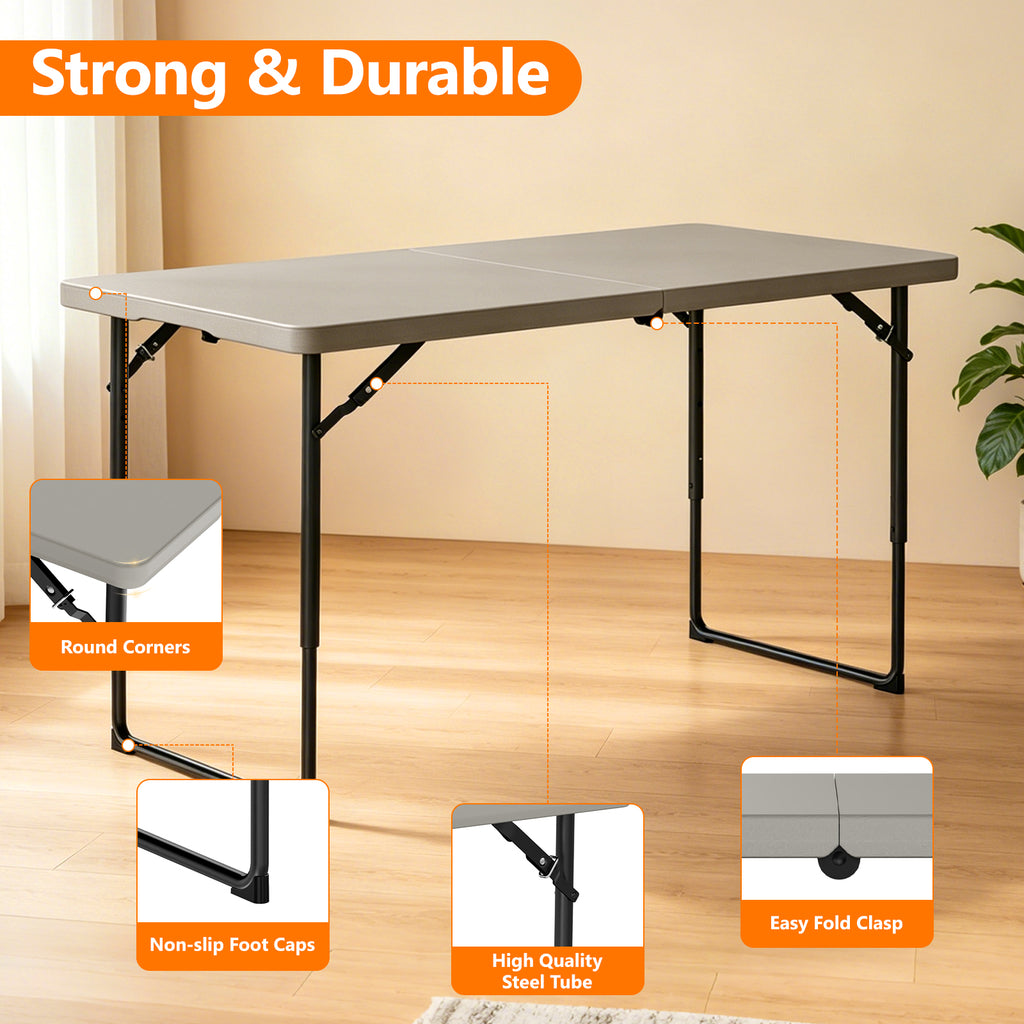 4ft Folding Table - Heavy Duty Fold-in-Half Plastic Table, Portable Utility Tables with Adjustable Height Steel Legs for Events, Camping, Indoor & Outdoor Use (White)