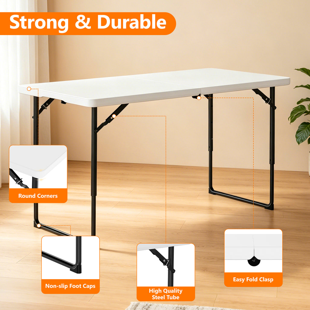 4ft Folding Table - Heavy Duty Fold-in-Half Plastic Table, Portable Utility Tables with Adjustable Height Steel Legs for Events, Camping, Indoor & Outdoor Use (White)