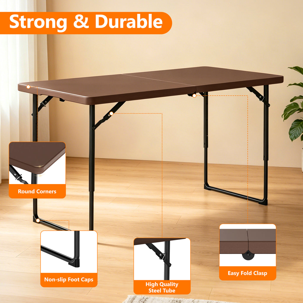 4ft Folding Table - Heavy Duty Fold-in-Half Plastic Table, Portable Utility Tables with Adjustable Height Steel Legs for Events, Camping, Indoor & Outdoor Use (White)