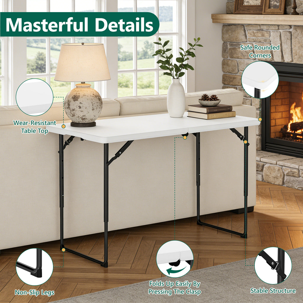 WASUHE Folding Table 4 FT Lightweight Table, Plastic Rectangular Indoor Outdoor Table Iron Legs Fold-in-Half, Easy to Store, Perfect for Party, Camping, Dining, Wedding, Events