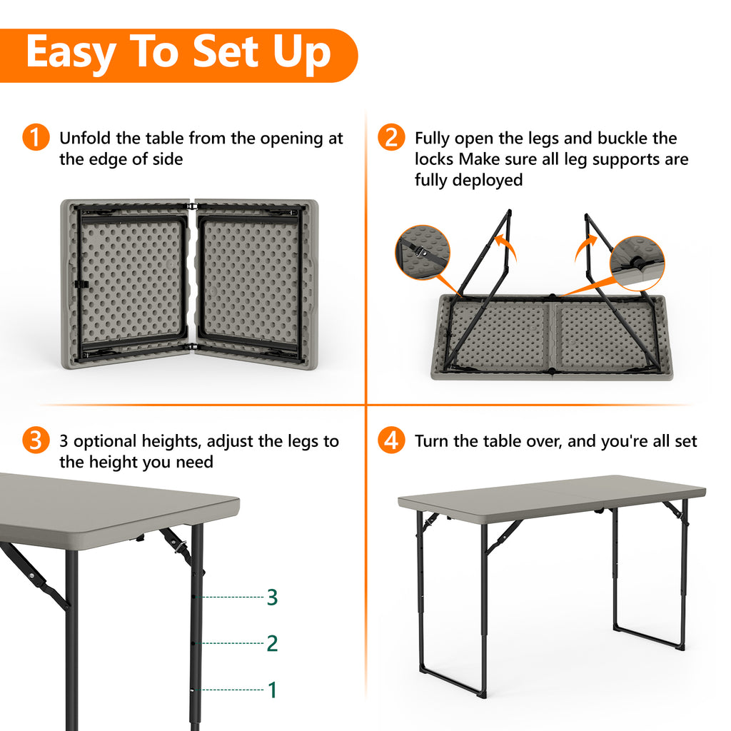 4ft Folding Table - Heavy Duty Fold-in-Half Plastic Table, Portable Utility Tables with Adjustable Height Steel Legs for Events, Camping, Indoor & Outdoor Use (White)