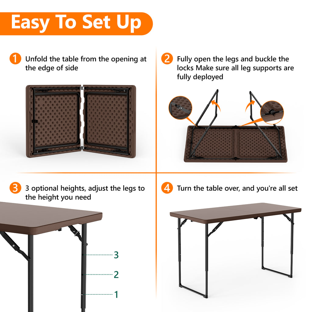 4ft Folding Table - Heavy Duty Fold-in-Half Plastic Table, Portable Utility Tables with Adjustable Height Steel Legs for Events, Camping, Indoor & Outdoor Use (White)