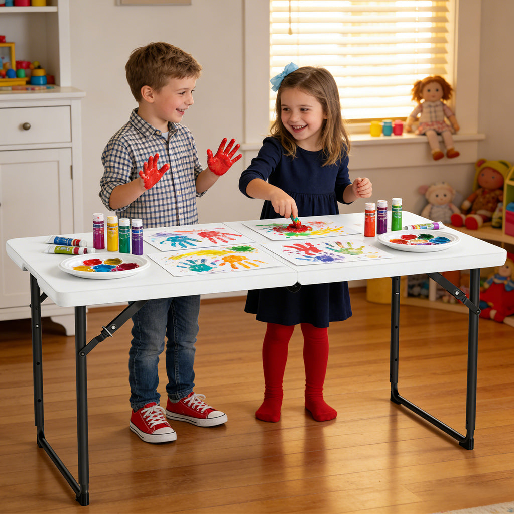 WASUHE Folding Table 4 FT Lightweight Table, Plastic Rectangular Indoor Outdoor Table Iron Legs Fold-in-Half, Easy to Store, Perfect for Party, Camping, Dining, Wedding, Events