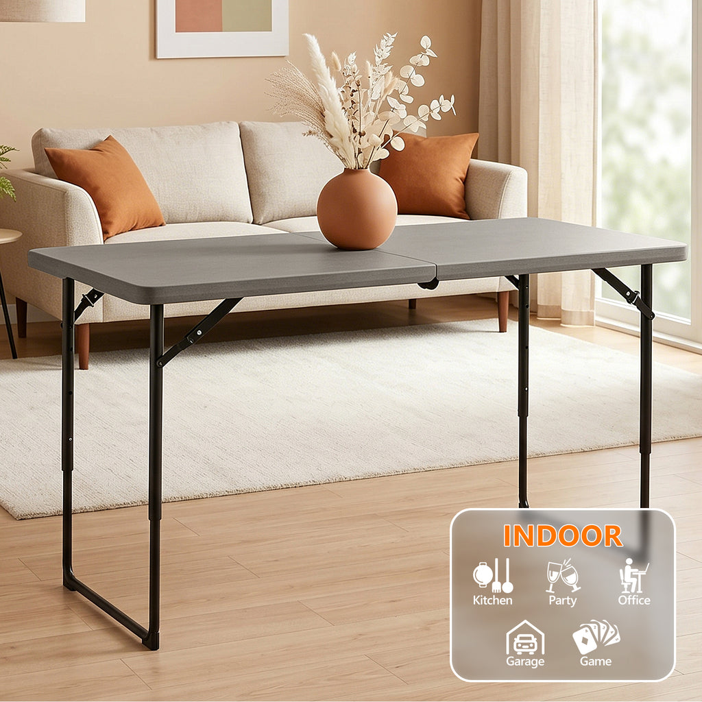 4ft Folding Table - Heavy Duty Fold-in-Half Plastic Table, Portable Utility Tables with Adjustable Height Steel Legs for Events, Camping, Indoor & Outdoor Use (White)