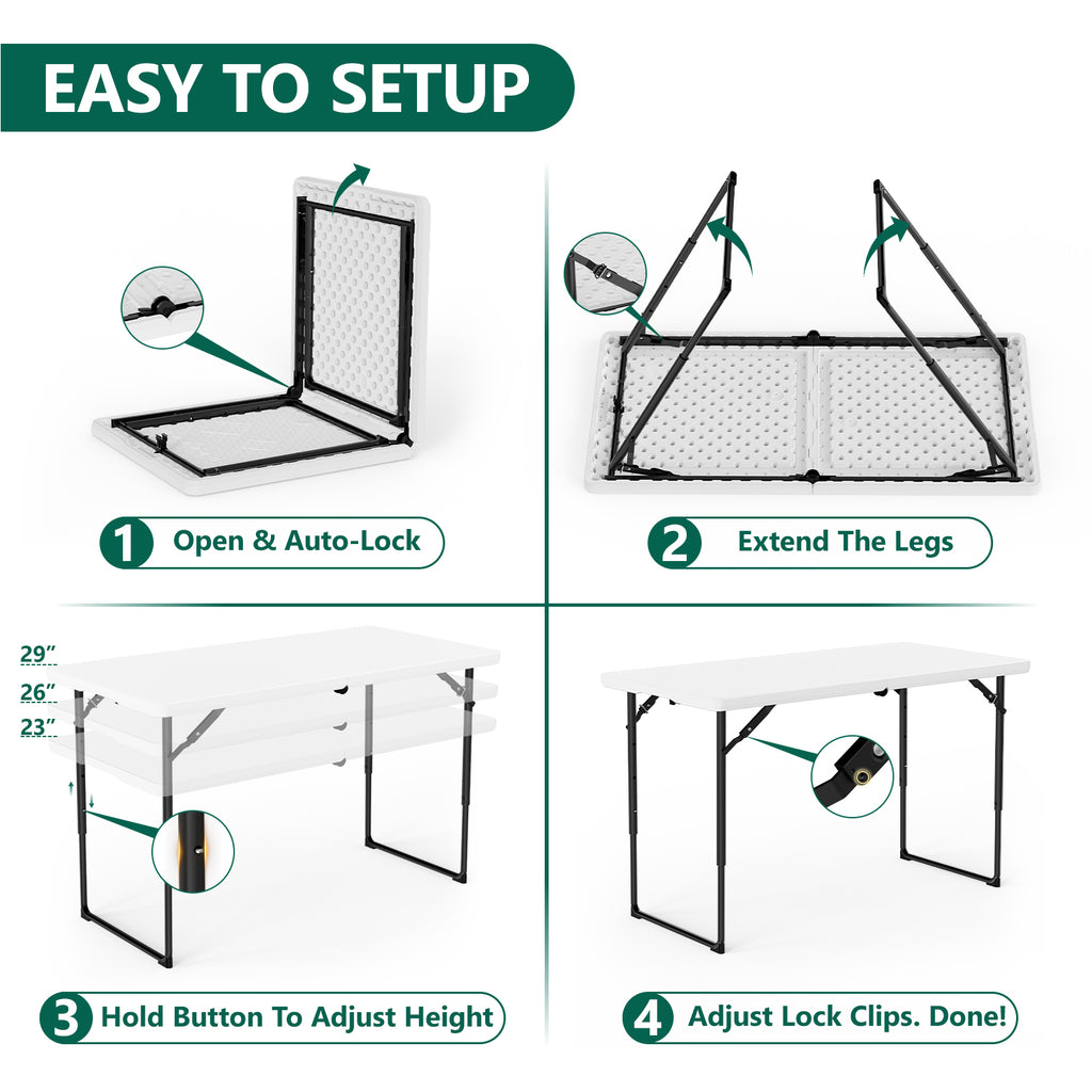 WASUHE Folding Table 4 FT Lightweight Table, Plastic Rectangular Indoor Outdoor Table Iron Legs Fold-in-Half, Easy to Store, Perfect for Party, Camping, Dining, Wedding, Events