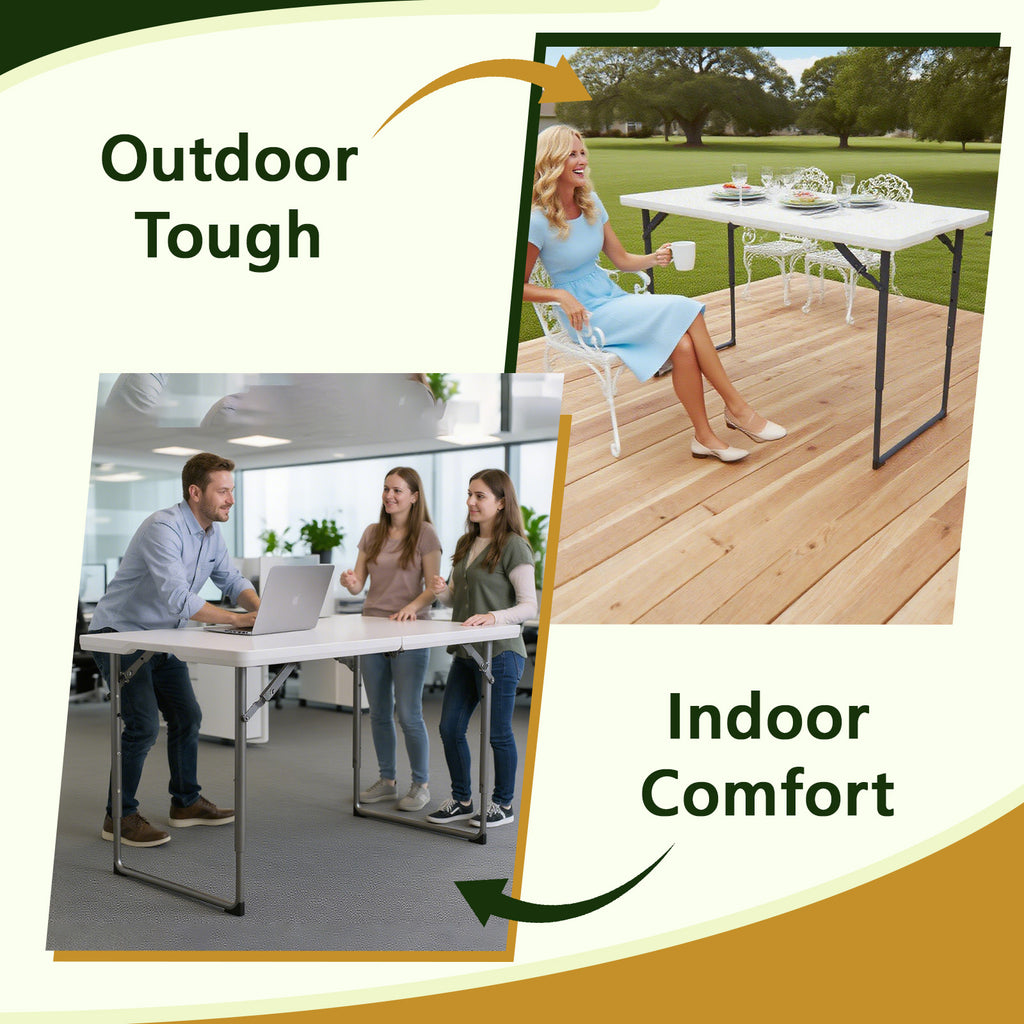 WASUHE Folding Table 4 FT Lightweight Table, Plastic Rectangular Indoor Outdoor Table Iron Legs Fold-in-Half, Easy to Store, Perfect for Party, Camping, Dining, Wedding, Events