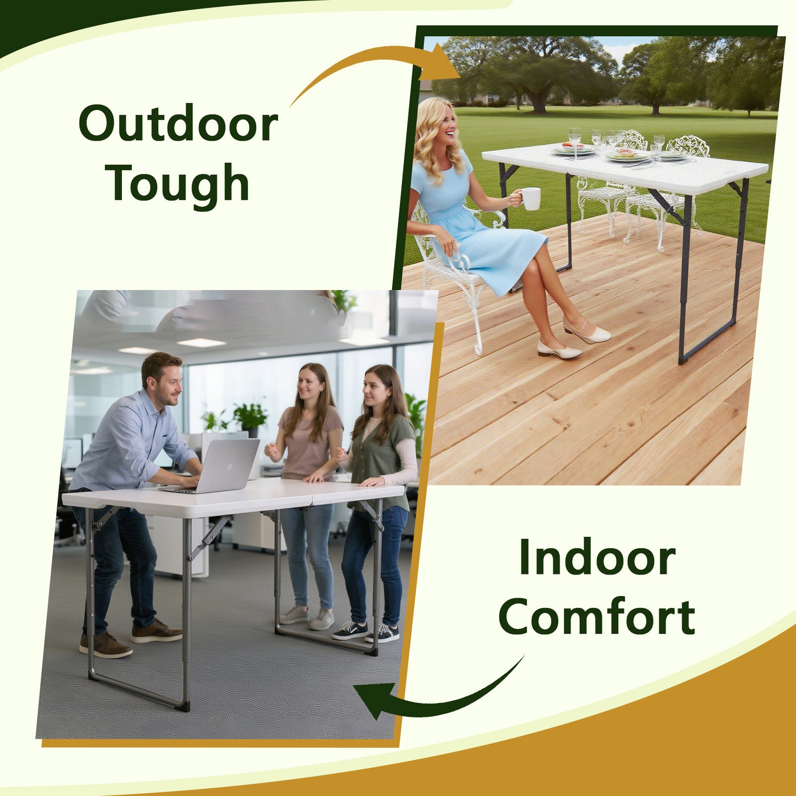 WASUHE Folding Table 4 FT Lightweight Table, Plastic Rectangular Indoor Outdoor Table Iron Legs Fold-in-Half, Easy to Store, Perfect for Party, Camping, Dining, Wedding, Events