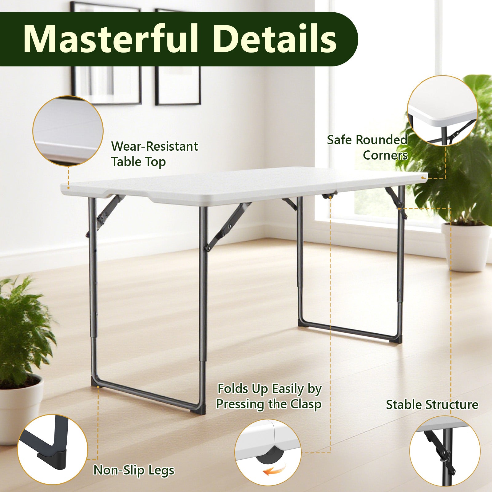 WASUHE Folding Table 4 FT Lightweight Table, Plastic Rectangular Indoor Outdoor Table Iron Legs Fold-in-Half, Easy to Store, Perfect for Party, Camping, Dining, Wedding, Events