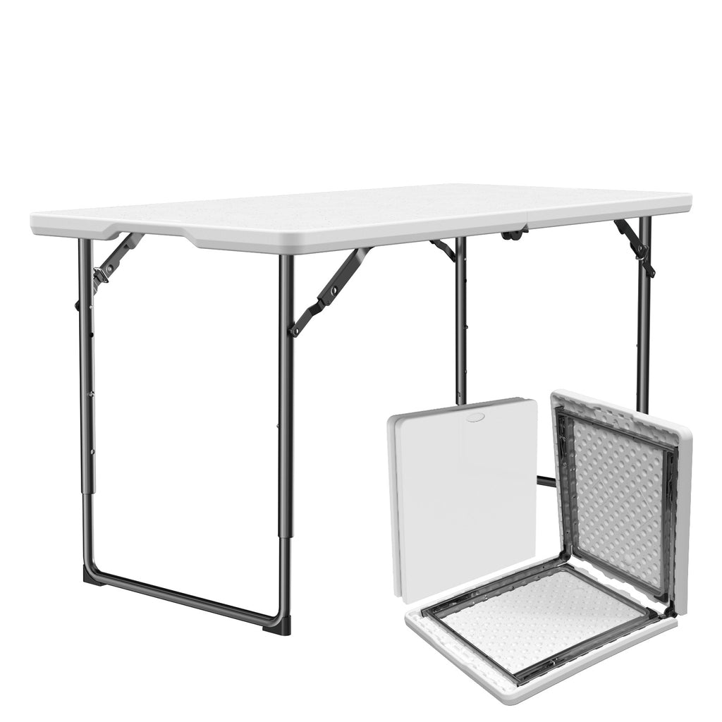 WASUHE Folding Table 4 FT Lightweight Table, Plastic Rectangular Indoor Outdoor Table Iron Legs Fold-in-Half, Easy to Store, Perfect for Party, Camping, Dining, Wedding, Events