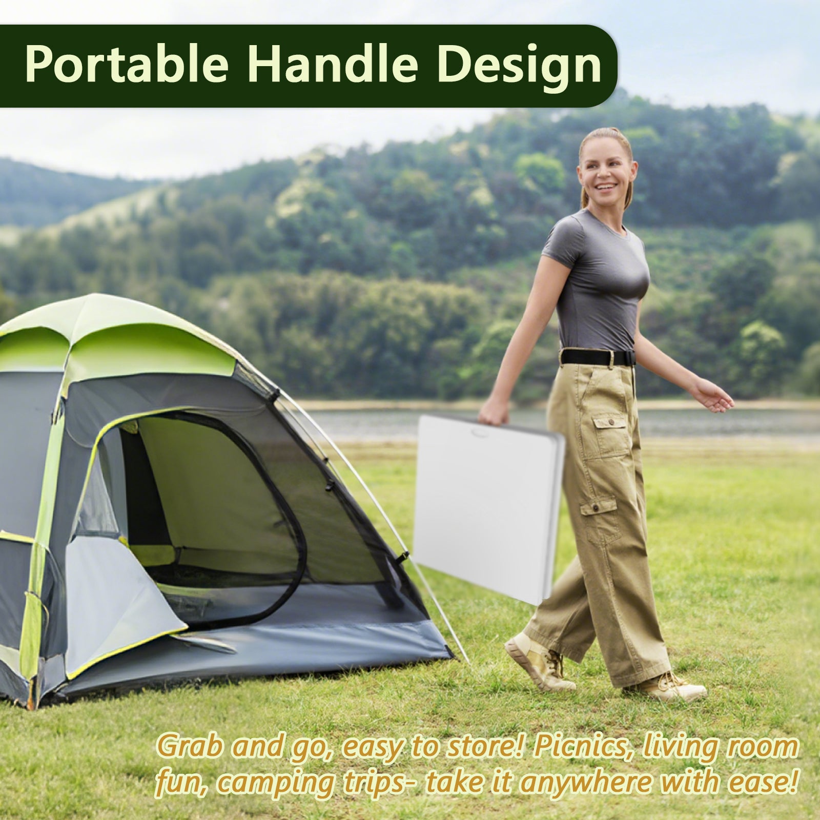 WASUHE Folding Table 4 FT Lightweight Table, Plastic Rectangular Indoor Outdoor Table Iron Legs Fold-in-Half, Easy to Store, Perfect for Party, Camping, Dining, Wedding, Events