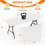 6ft Folding Table - Heavy Duty Fold-in-Half Plastic Table, Portable Utility Tables with Steel Legs for Events, Camping, Indoor & Outdoor Use (White)