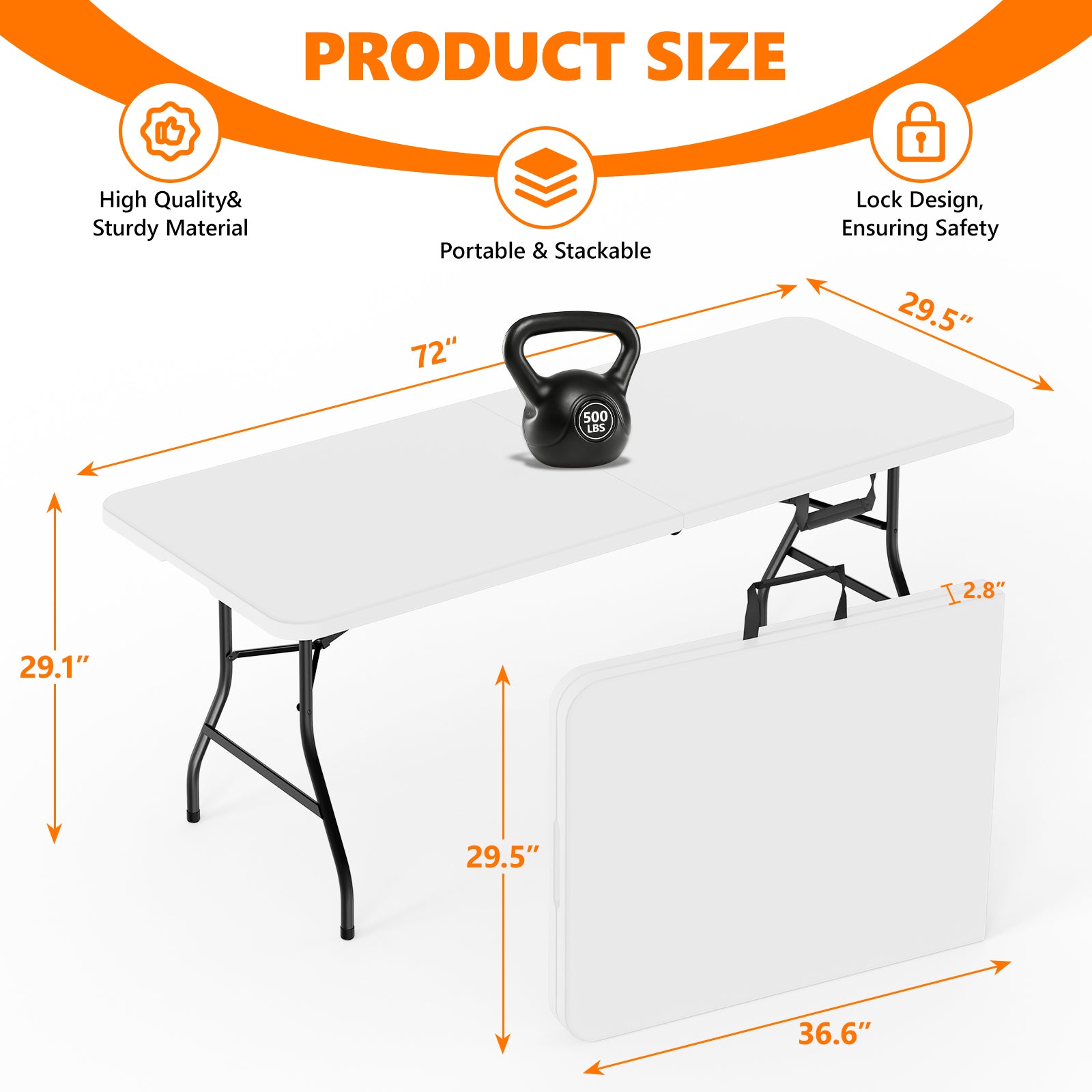 6ft Folding Table - Heavy Duty Fold-in-Half Plastic Table, Portable Utility Tables with Steel Legs for Events, Camping, Indoor & Outdoor Use (White)