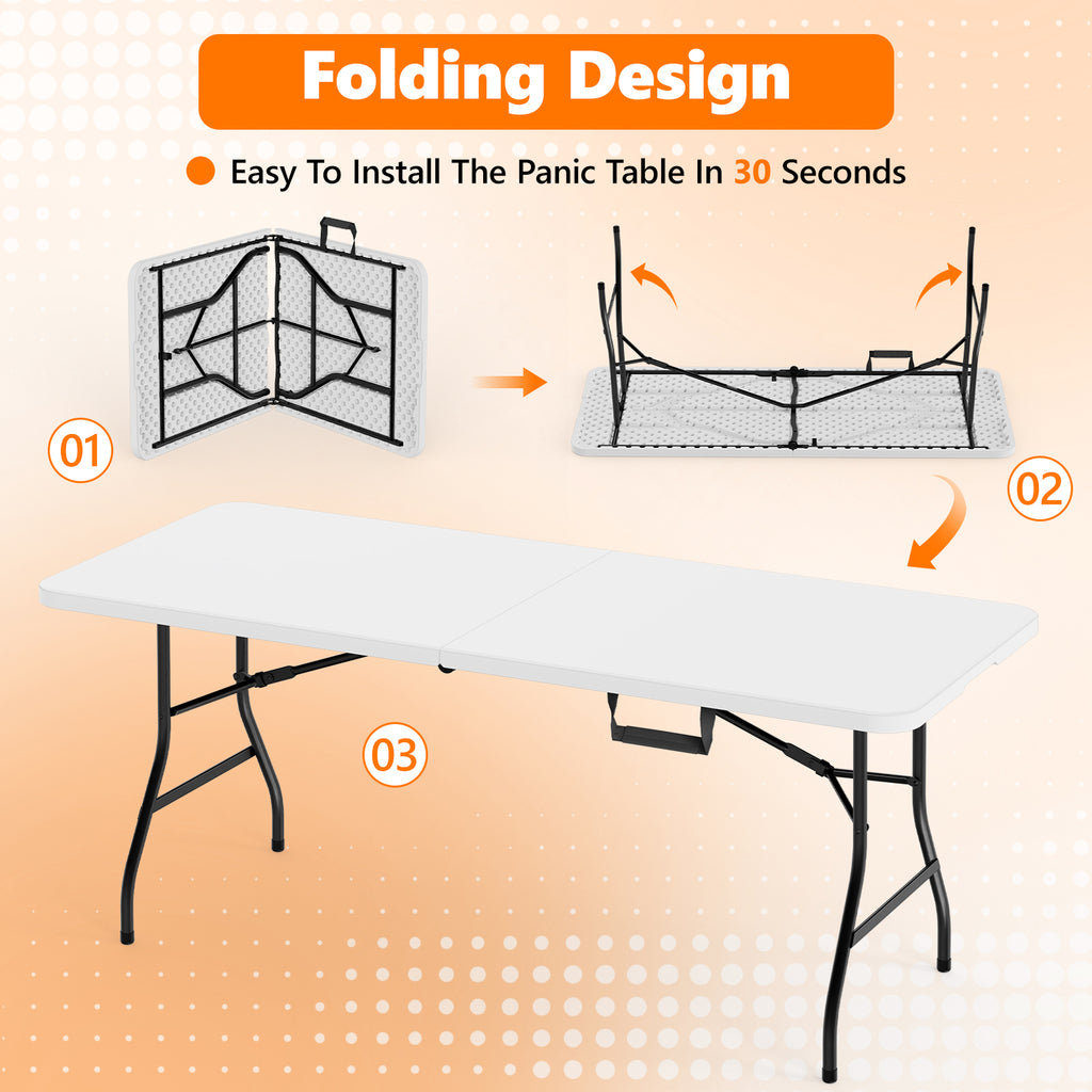 6ft Folding Table - Heavy Duty Fold-in-Half Plastic Table, Portable Utility Tables with Steel Legs for Events, Camping, Indoor & Outdoor Use (White)
