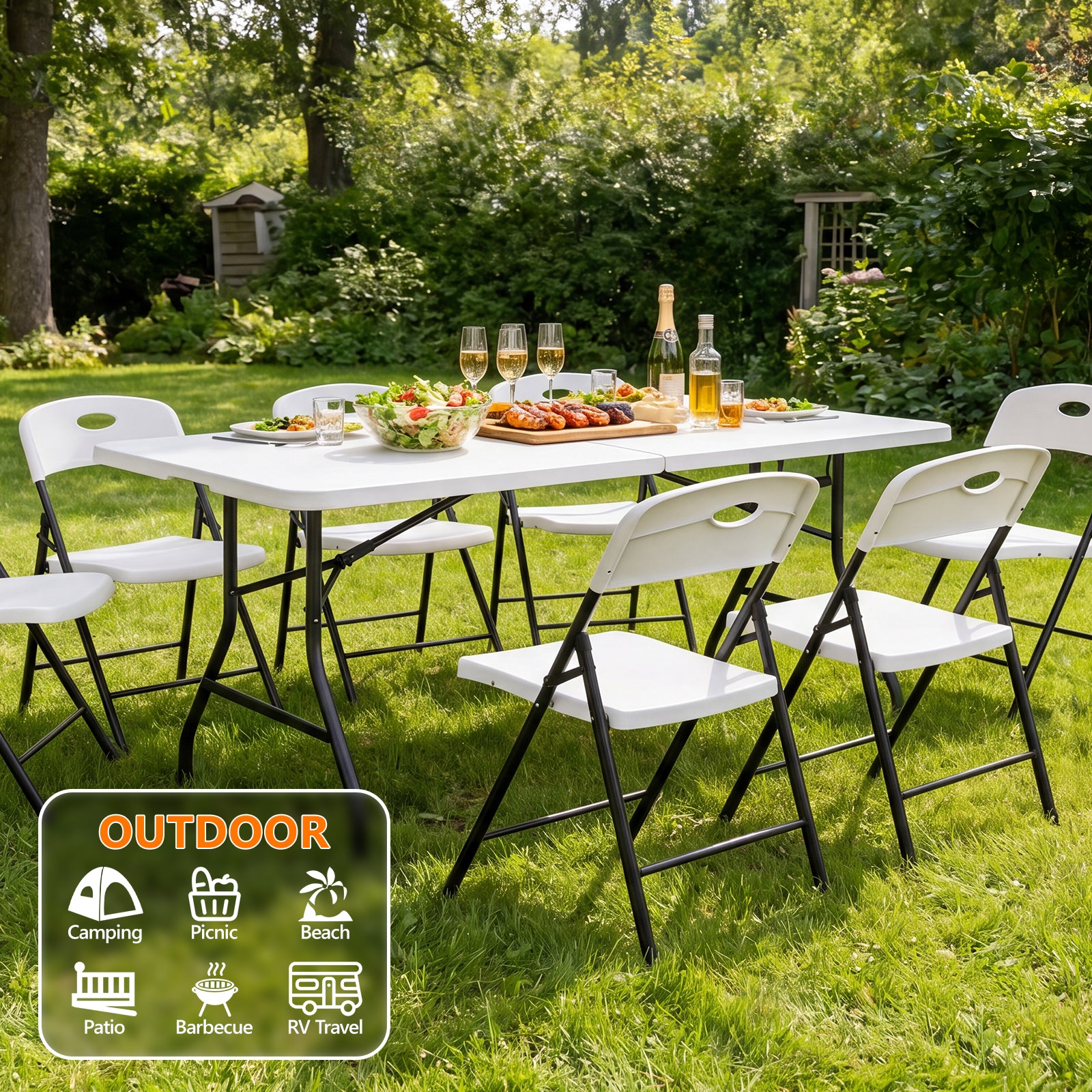 6ft Folding Table - Heavy Duty Fold-in-Half Plastic Table, Portable Utility Tables with Steel Legs for Events, Camping, Indoor & Outdoor Use (White)