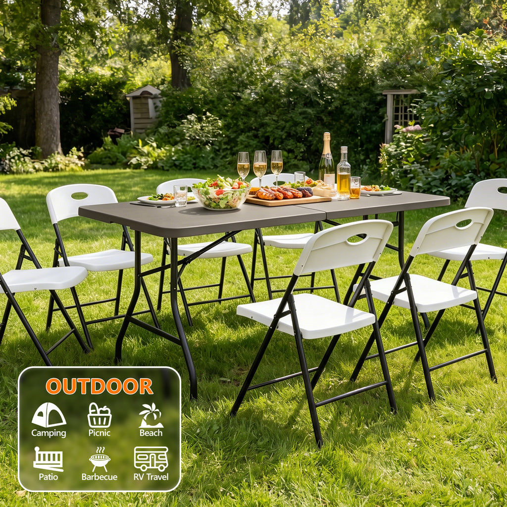 6ft Folding Table - Heavy Duty Fold-in-Half Plastic Table, Portable Utility Tables with Steel Legs for Events, Camping, Indoor & Outdoor Use (White)