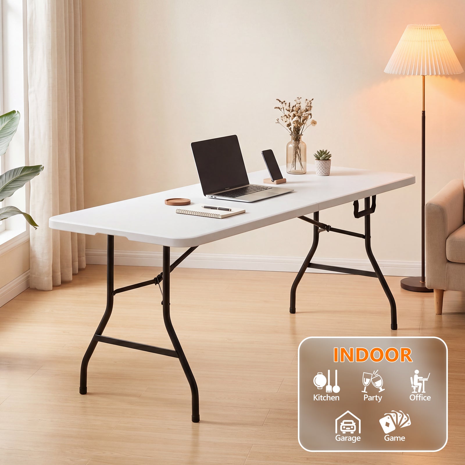 6ft Folding Table - Heavy Duty Fold-in-Half Plastic Table, Portable Utility Tables with Steel Legs for Events, Camping, Indoor & Outdoor Use (White)