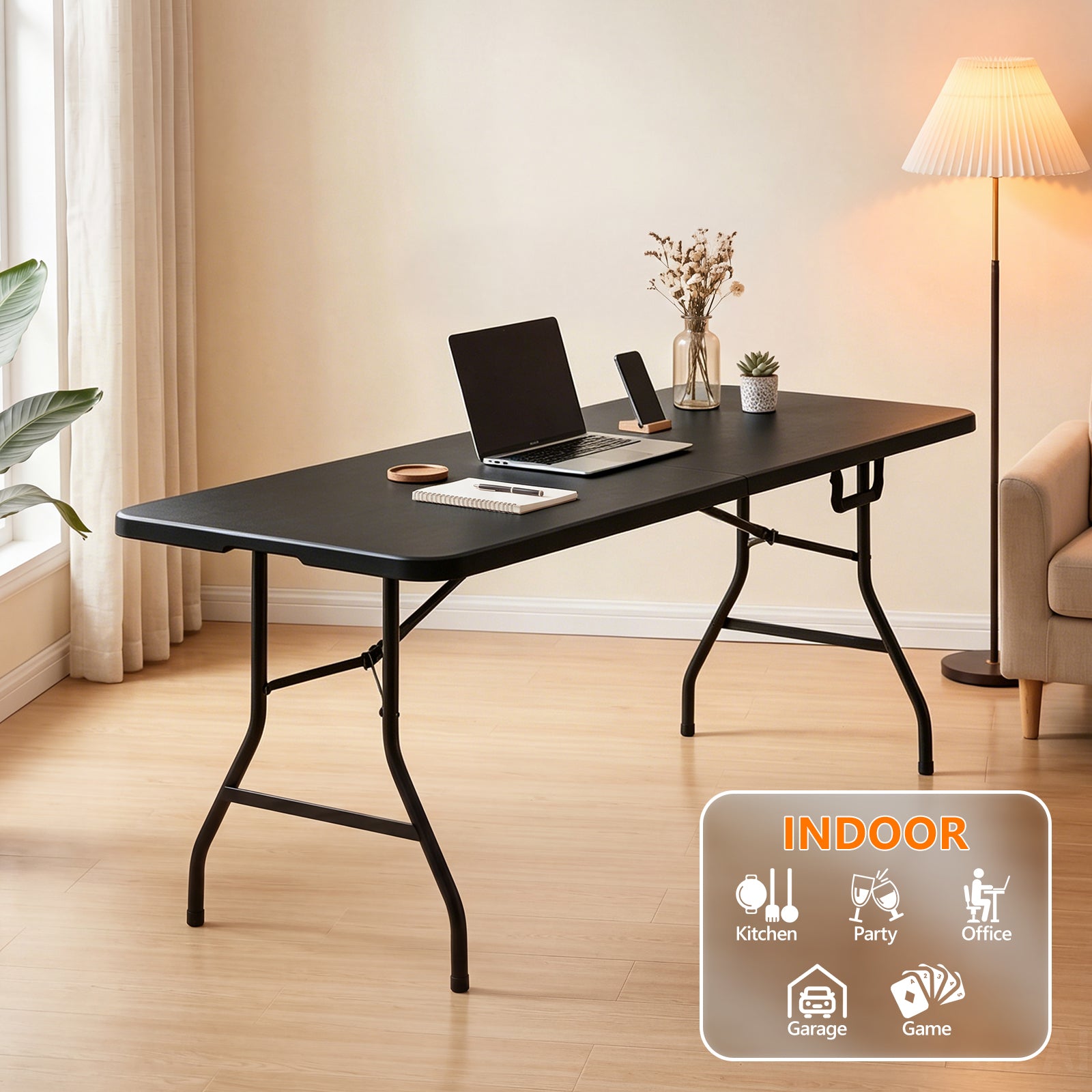6ft Folding Table - Heavy Duty Fold-in-Half Plastic Table, Portable Utility Tables with Steel Legs for Events, Camping, Indoor & Outdoor Use (White)