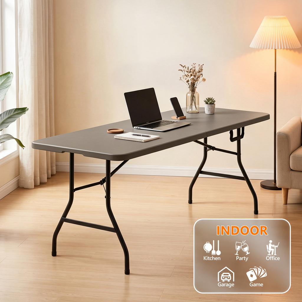 6ft Folding Table - Heavy Duty Fold-in-Half Plastic Table, Portable Utility Tables with Steel Legs for Events, Camping, Indoor & Outdoor Use (White)