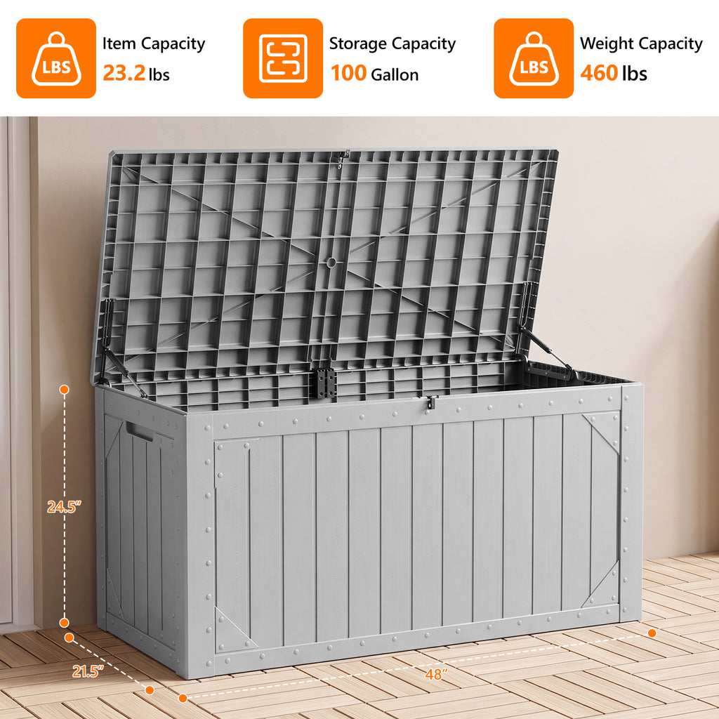 HAIMULI Outdoor Storage Box Waterproof, 100 Gallon Lockable Resin Large Deck Box, Patio Storage Bin for Pool Accessories Cushion Furniture, Garden Tools, UV-Resistant Outside Delivery
