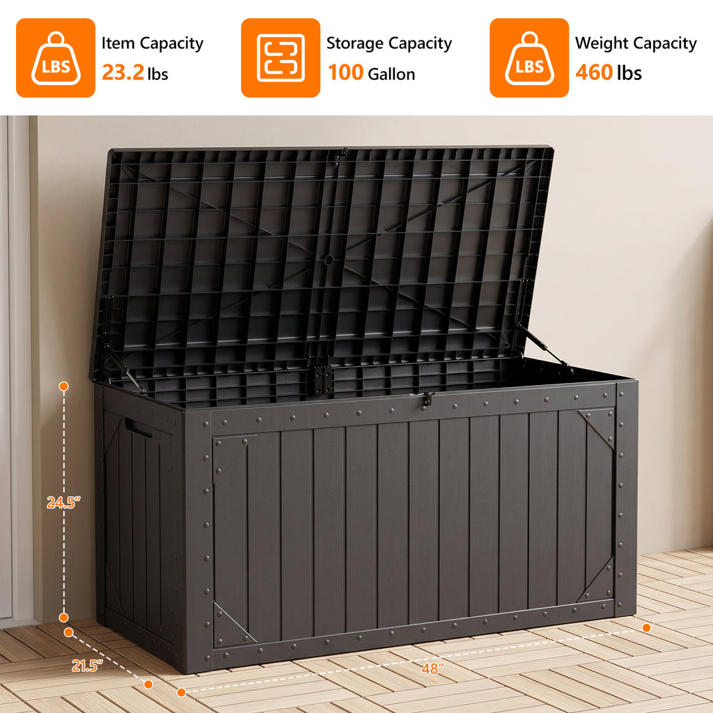 HAIMULI Outdoor Storage Box Waterproof, 100 Gallon Lockable Resin Large Deck Box, Patio Storage Bin for Pool Accessories Cushion Furniture, Garden Tools, UV-Resistant Outside Delivery