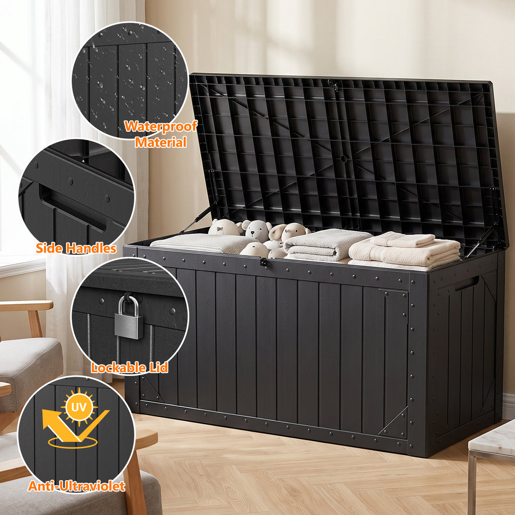 HAIMULI Outdoor Storage Box Waterproof, 100 Gallon Lockable Resin Large Deck Box, Patio Storage Bin for Pool Accessories Cushion Furniture, Garden Tools, UV-Resistant Outside Delivery