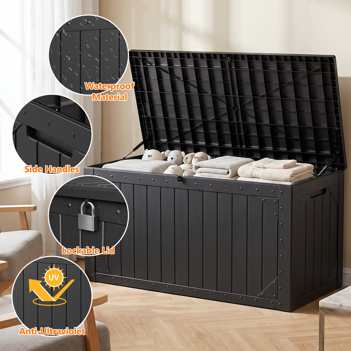 HAIMULI Outdoor Storage Box Waterproof, 100 Gallon Lockable Resin Large Deck Box, Patio Storage Bin for Pool Accessories Cushion Furniture, Garden Tools, UV-Resistant Outside Delivery