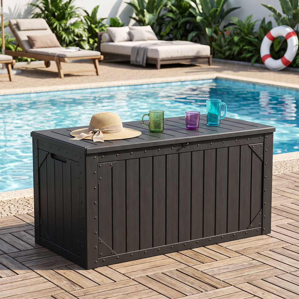 HAIMULI Outdoor Storage Box Waterproof, 100 Gallon Lockable Resin Large Deck Box, Patio Storage Bin for Pool Accessories Cushion Furniture, Garden Tools, UV-Resistant Outside Delivery