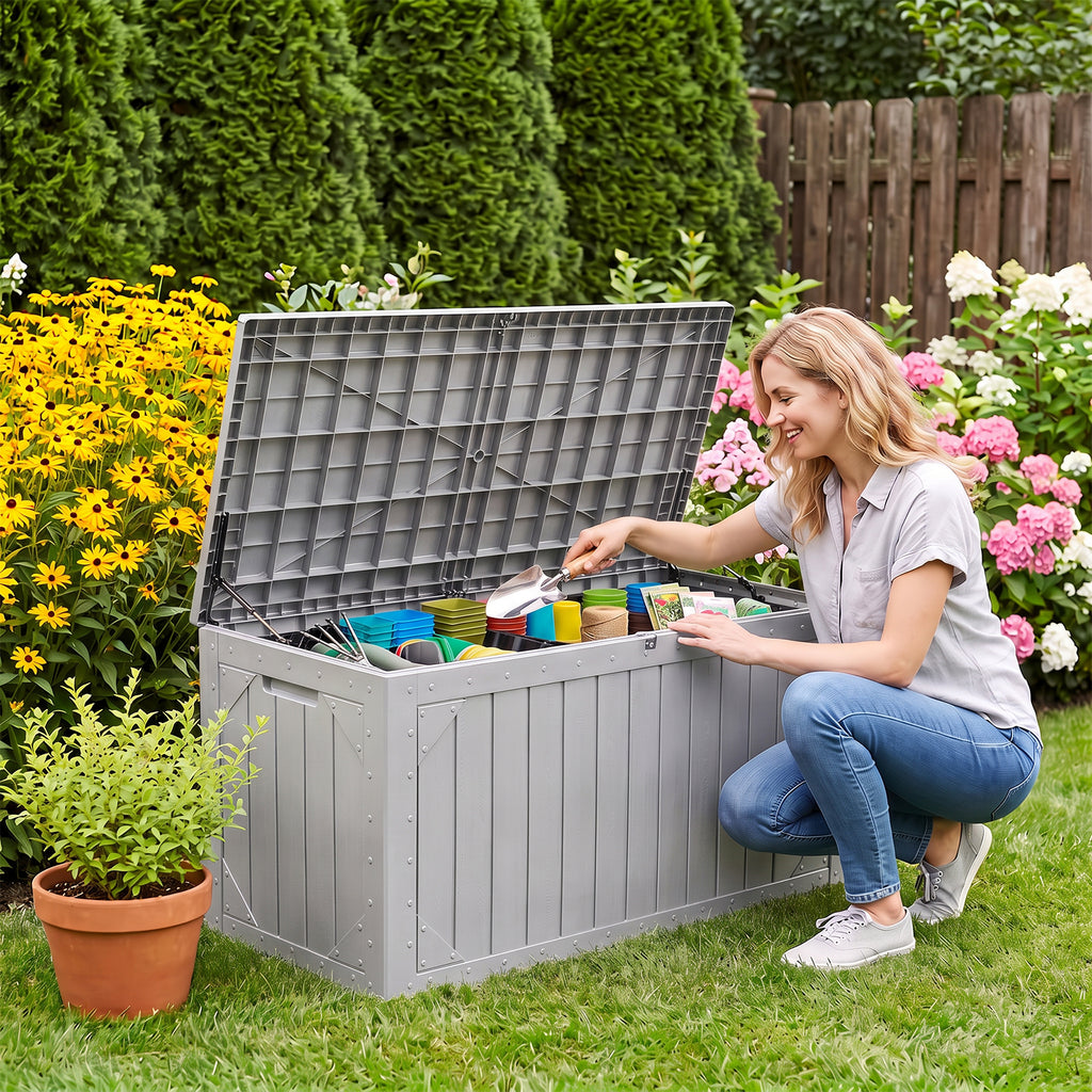 HAIMULI Outdoor Storage Box Waterproof, 100 Gallon Lockable Resin Large Deck Box, Patio Storage Bin for Pool Accessories Cushion Furniture, Garden Tools, UV-Resistant Outside Delivery