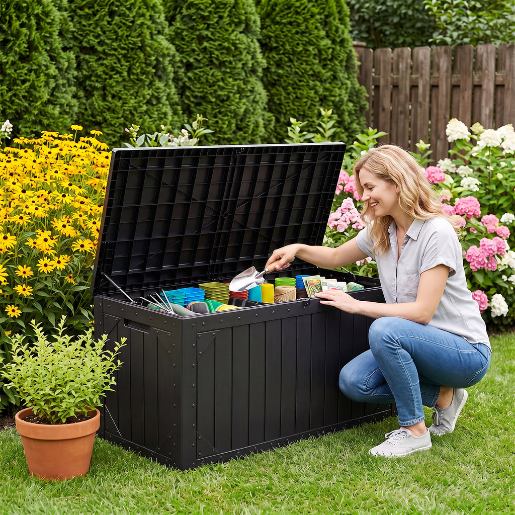 HAIMULI Outdoor Storage Box Waterproof, 100 Gallon Lockable Resin Large Deck Box, Patio Storage Bin for Pool Accessories Cushion Furniture, Garden Tools, UV-Resistant Outside Delivery