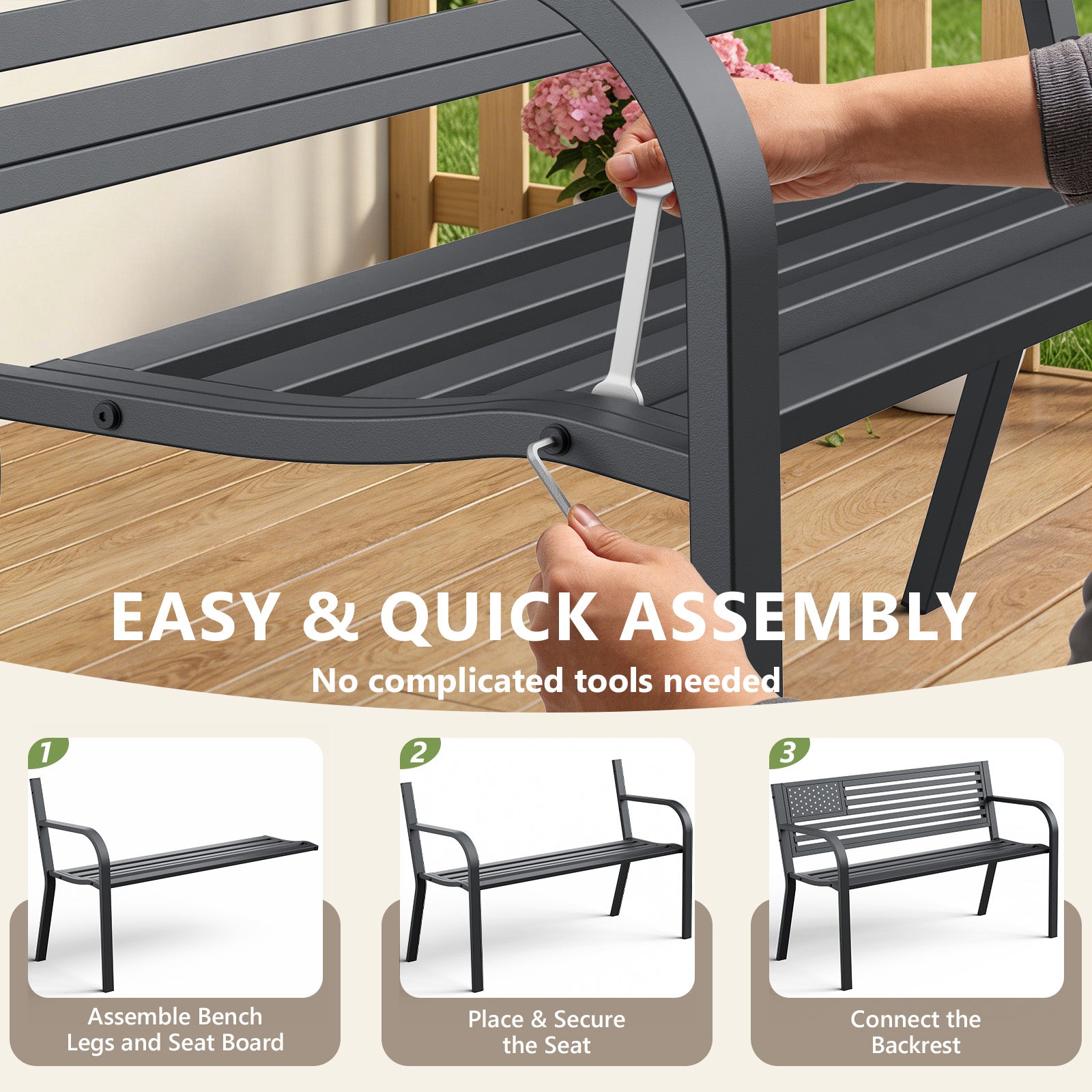 HAIMULI Anti-Rust Metal Bench Garden Bench with Back, All Weather Resistant Porch Benches for Outdoor Cast Iron Steel Frame Chair Waterproof, Black, 500 lbs