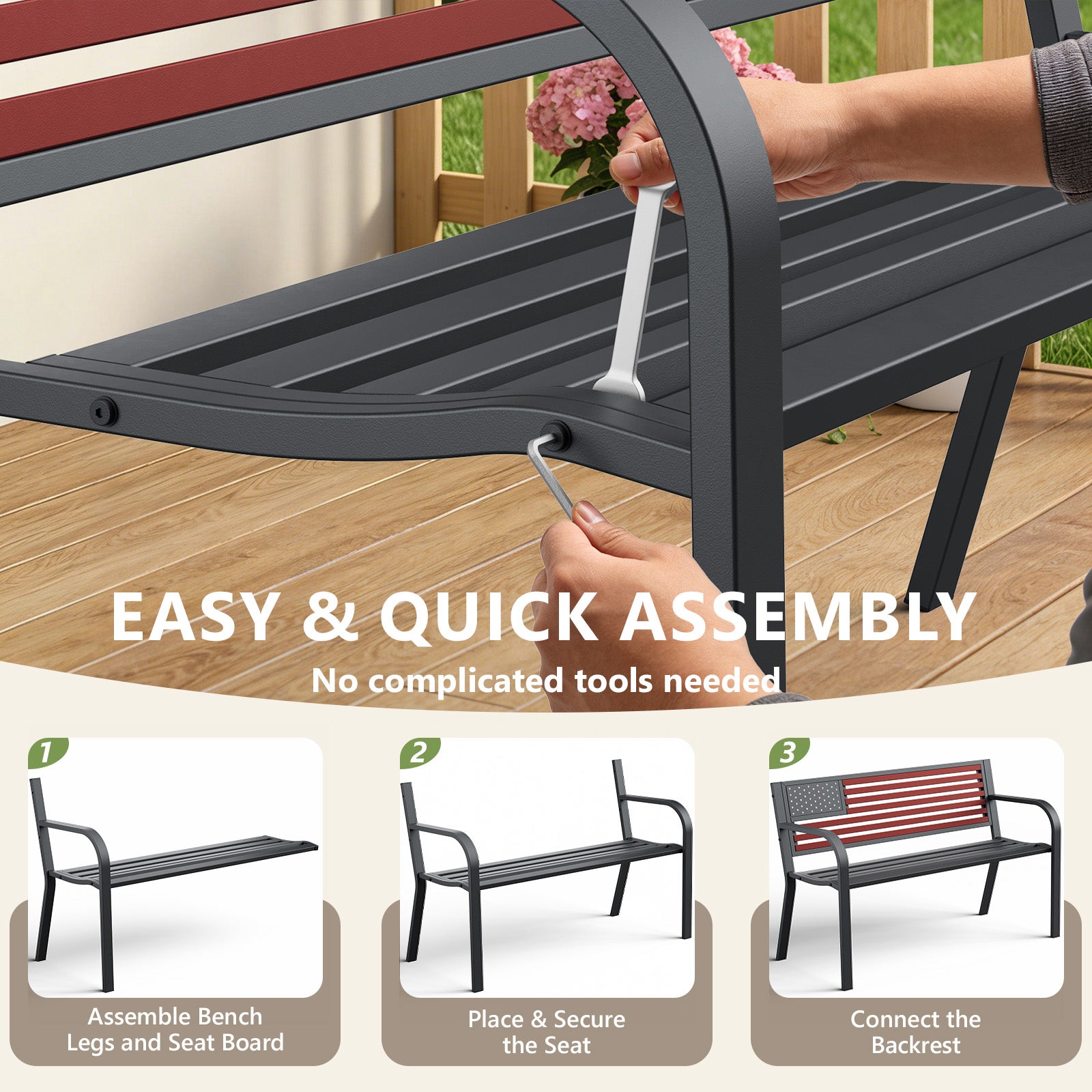 HAIMULI Anti-Rust Metal Bench Garden Bench with Back, All Weather Resistant Porch Benches for Outdoor Cast Iron Steel Frame Chair Waterproof, Black, 500 lbs