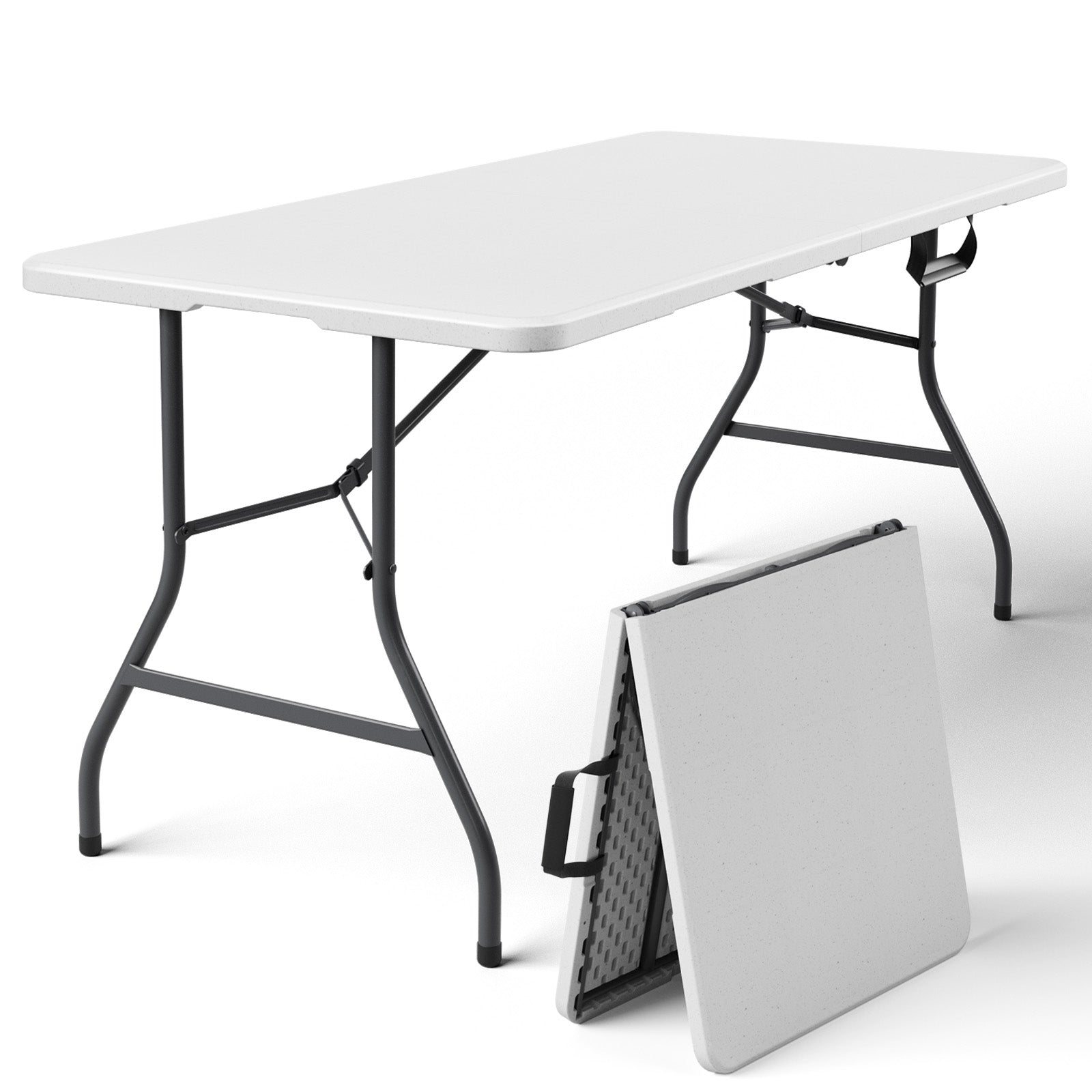 WASUHE 5 Foot Rectangle Folding Table, Fold-in-Half Portable Plastic Picnic Foldable Table with Carry Handle, Indoor Outdoor Use for Camping, Parties, BBQs, Events