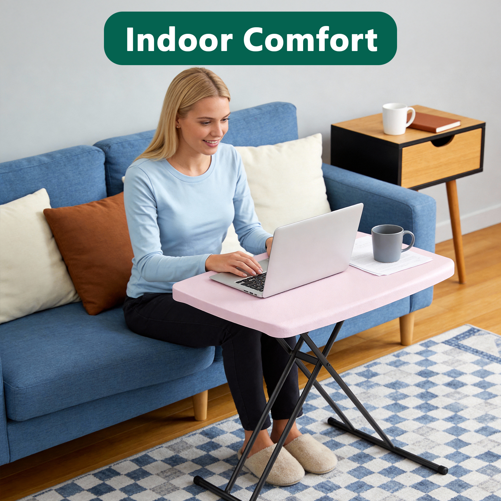 30 Inch Folding Table TV Tray, Portable Adjustable Height, X-shaped Frame Portable Work Table, Utility Foldable Desk for Small Spaces, Laptop & Couch, Camping, Pink